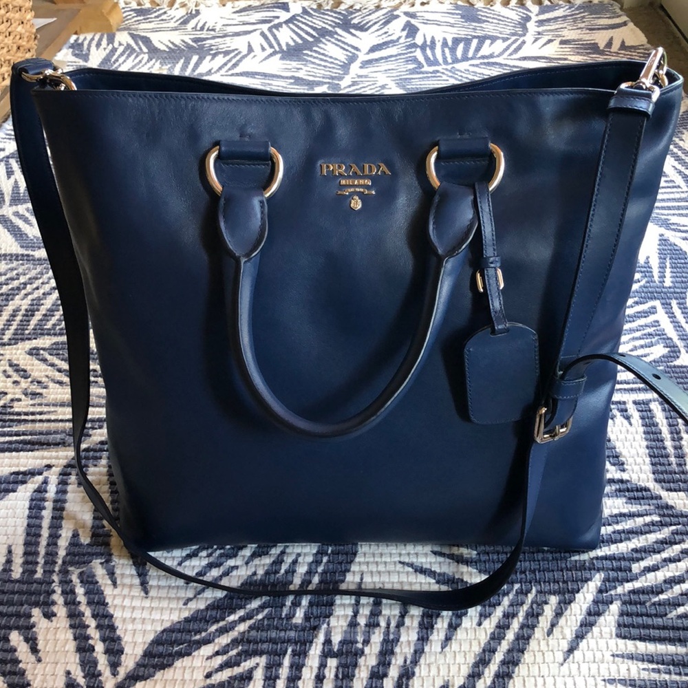 Prada Bluette Soft Calf Leather Tote Shoulder Bag
